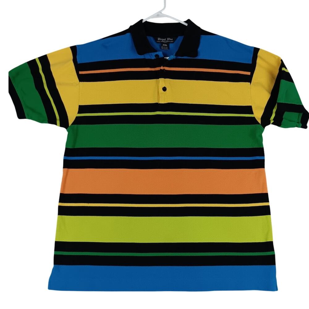 Royal Blue Striped Polo Men's 2XL Color Block Jersey Knit Summer Beach Casual‎